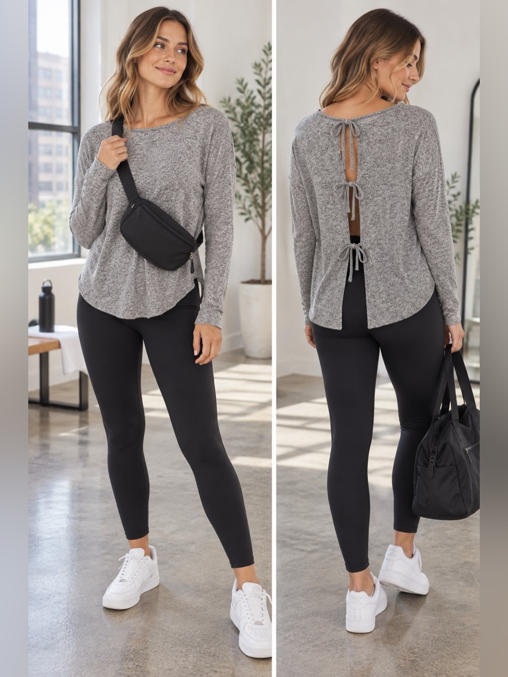 Aerie Just Add Leggings Open Back Tie Long Sleeve Top Gray Small